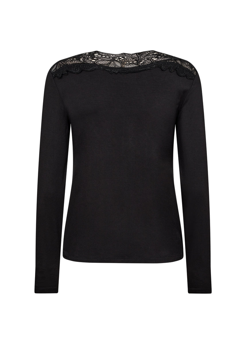 トップス acka fringe american sleeve tops Amica Lace Accent Long Sleeve Top (Black) – Orchard Clothing