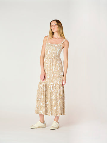 Nina Smocked Maxi Dress (Neutral Print)