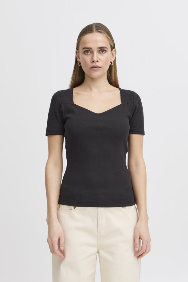 Rita Ribbed Short Sleeve Top (Black)