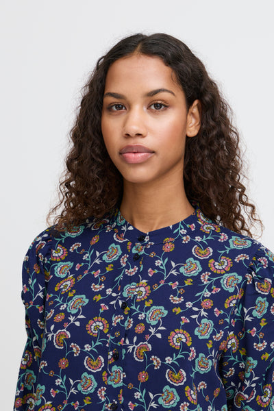 Vera Button Down 3/4 Sleeve Blouse (Navy Floral)