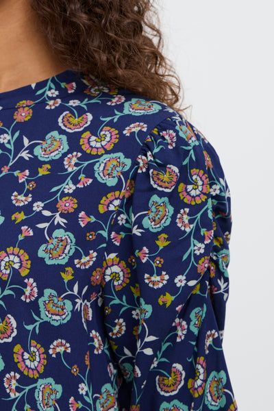 Vera Button Down 3/4 Sleeve Blouse (Navy Floral)
