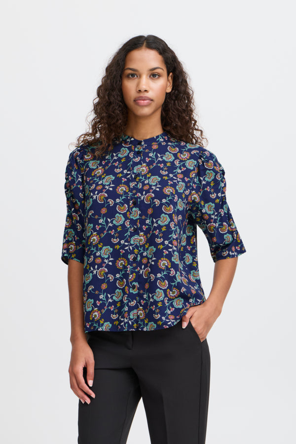 Vera Button Down 3/4 Sleeve Blouse (Navy Floral)