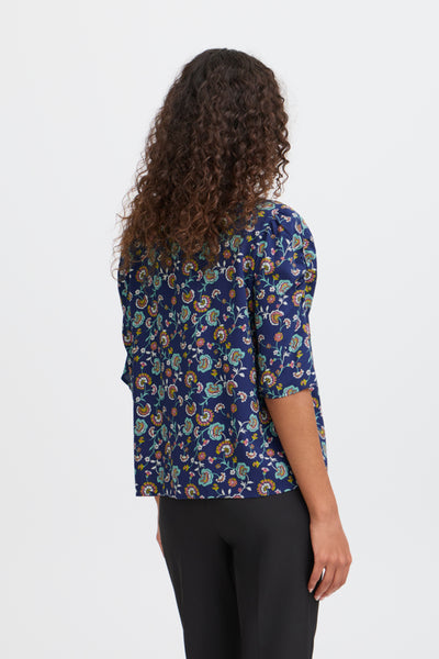 Vera Button Down 3/4 Sleeve Blouse (Navy Floral)