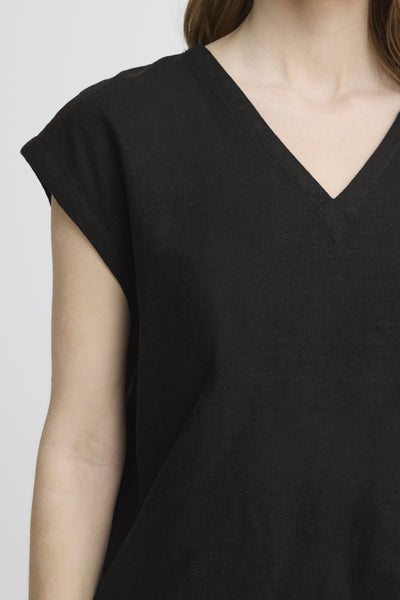 Lino Linen Blend Short Sleeve Top (Black)