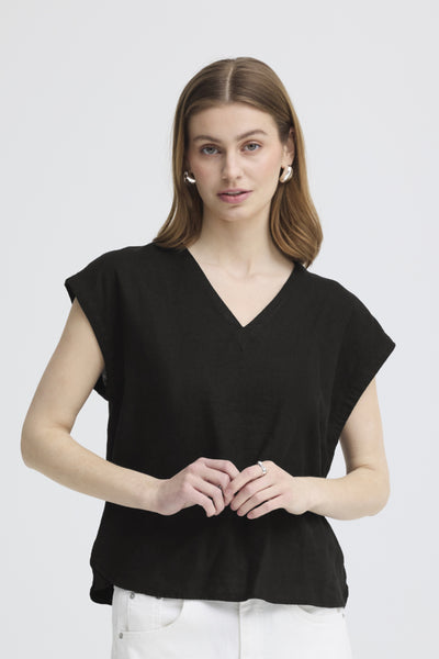 Lino Linen Blend Short Sleeve Top (Black)