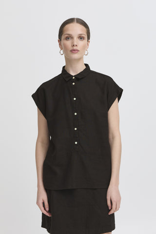 Lino Linen Blend Button Down Top (Black)
