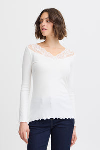 Zamon Lace Accent Long Sleeve Top (Antique White) - 25% OFF AT CHECKOUT - FINAL SALE