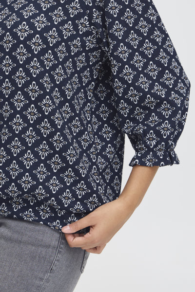 Lenora Patterned 3/4 Sleeve Top (Navy)