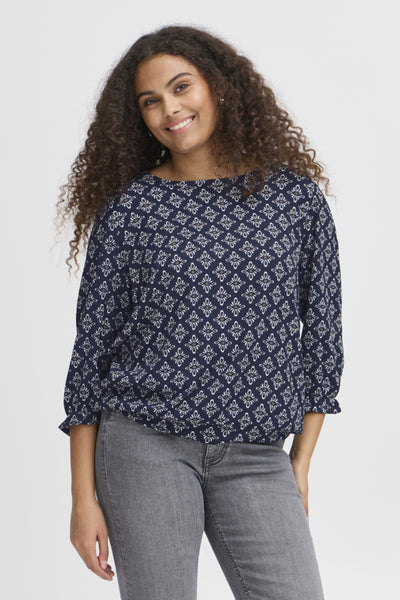Lenora Patterned 3/4 Sleeve Top (Navy)