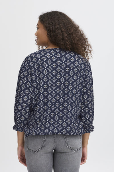 Lenora Patterned 3/4 Sleeve Top (Navy)