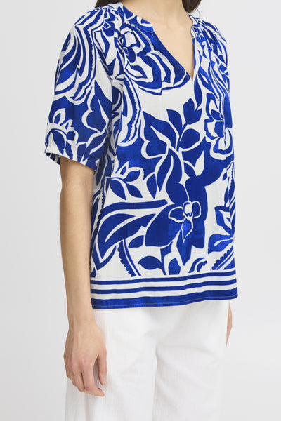 Cora Cotton Patterned Blouse (Blue Tile)