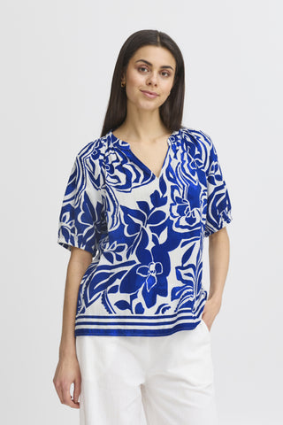 Cora Cotton Patterned Blouse (Blue Tile)