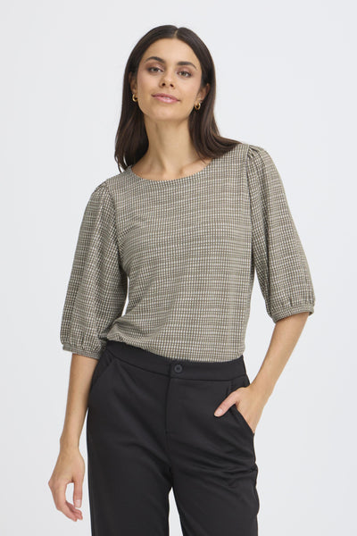 Niala 3/4 Sleeve Check Top (Olive)