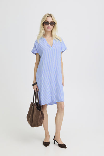 Falakka Linen Blend Dress (Della Blue Stripe)
