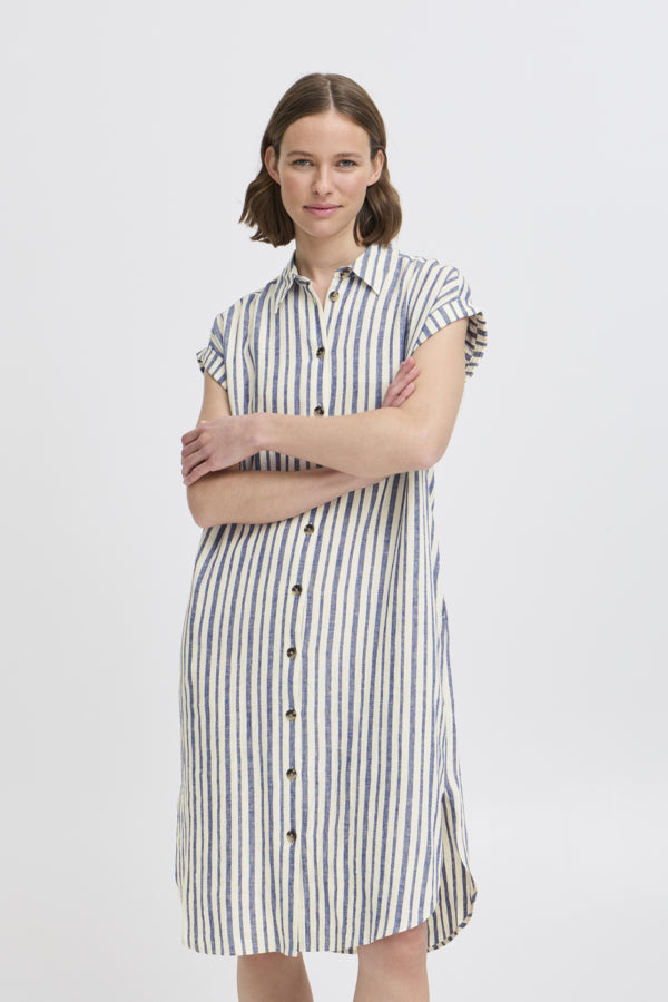 Falakka Linen Blend Shirt Dress (Blue Stripe)