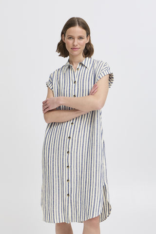 Falakka Linen Blend Shirt Dress (Blue Stripe)