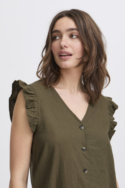 Falakka Linen Blend Ruffle Top (Khaki Green)