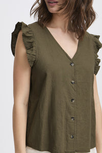 Falakka Linen Blend Ruffle Top (Khaki Green)