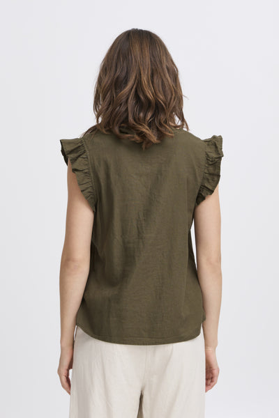 Falakka Linen Blend Ruffle Top (Khaki Green)