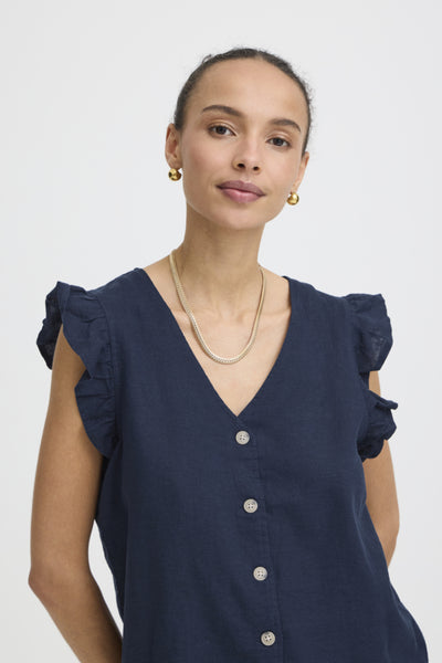 Falakka Linen Blend Ruffle Top (Navy)
