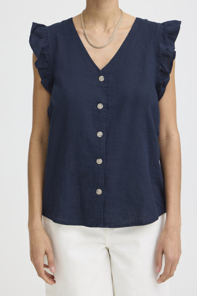 Falakka Linen Blend Ruffle Top (Navy)