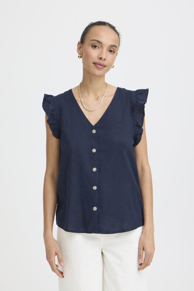 Falakka Linen Blend Ruffle Top (Navy)