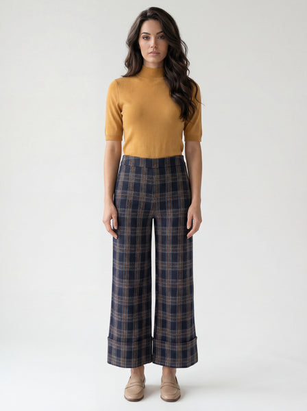 Kya Plaid Cuff Wide Leg Pant (Navy)