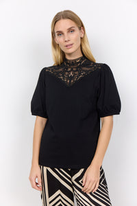 Fausta Lace Accent Cotton Blouse (Black)