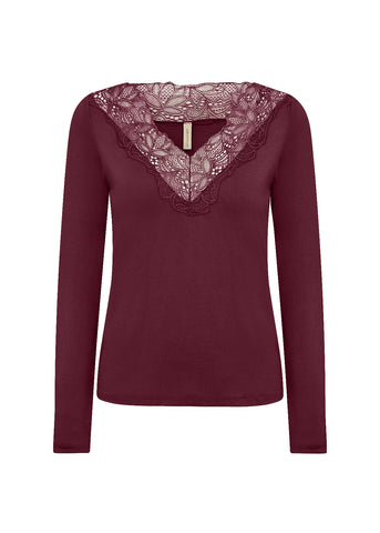 Amica Lace Accent Long Sleeve Top (Wine) - 25% OFF AT CHECKOUT - FINAL SALE