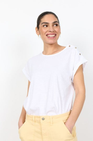 Babette Button Accent Cotton Top (White)