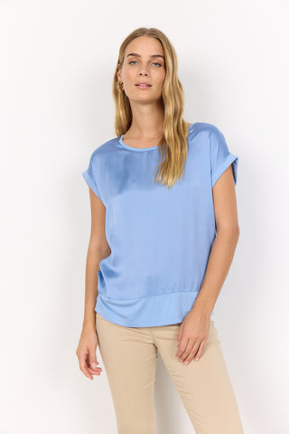 Thilde Satin Look Short Sleeve Top (Air Blue) - 25% OFF AT CHECKOUT - FINAL SALE