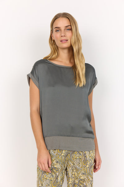 Thilde Satin Look Short Sleeve Top (Misty Green)
