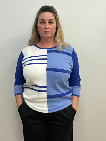 Marlene Geometric Sweater (Blue and White)