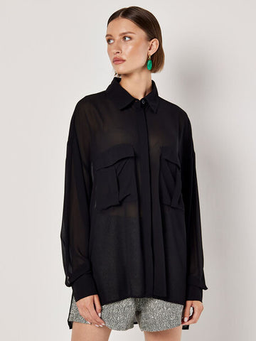 Tucker Oversized Silky Chiffon Shirt (Black)