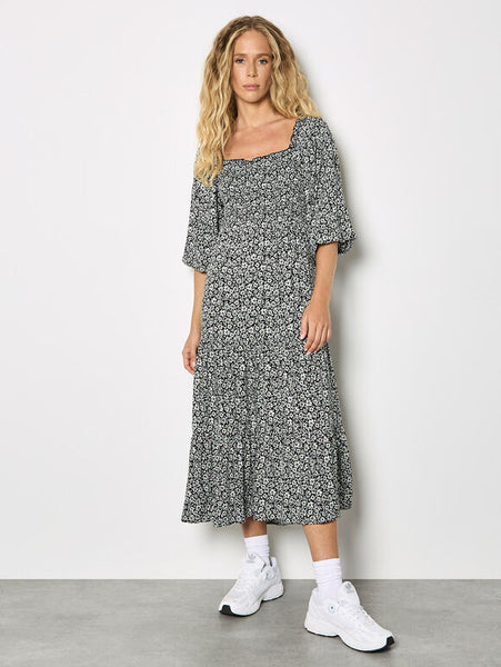 Tiana Smocked Ditsy Dress (Black)