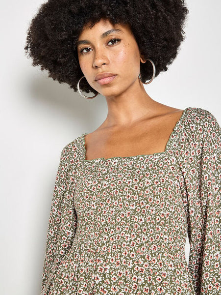 Tiana Smocked Ditsy Dress (Khaki Green)