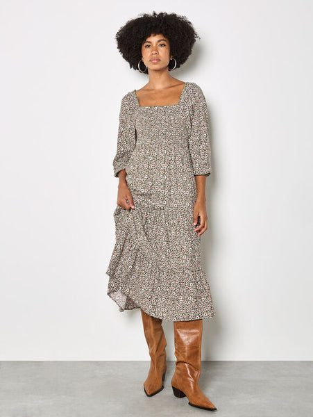 Tiana Smocked Ditsy Dress (Khaki Green)