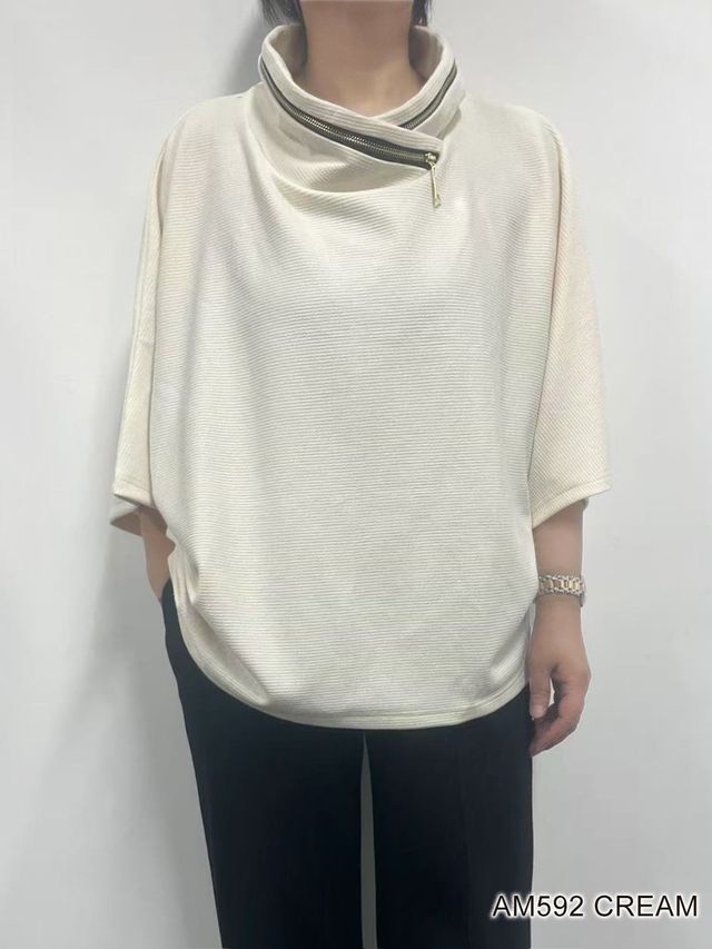 Paige Zipper Cowl Neck Poncho Top (Cream)