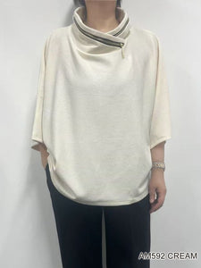 Paige Zipper Cowl Neck Poncho Top (Cream)