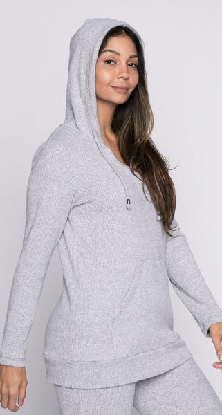 Elle Ribbed Knit Sweater Hoodie (Grey)