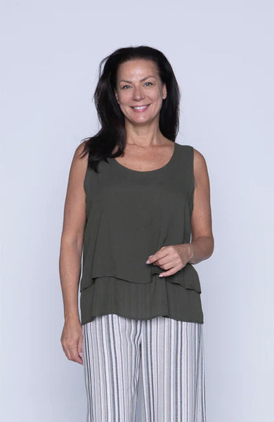 Mel Crinkle Layered Tank (Olive)