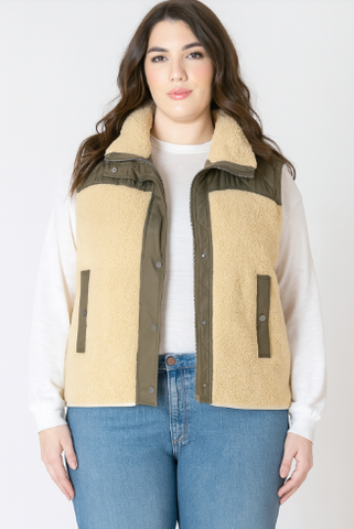 PLUS Brynn Mixed Fabric Vest (Olive/Tan)