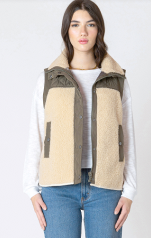 Brynn Mixed Fabric Vest (Olive/Tan)