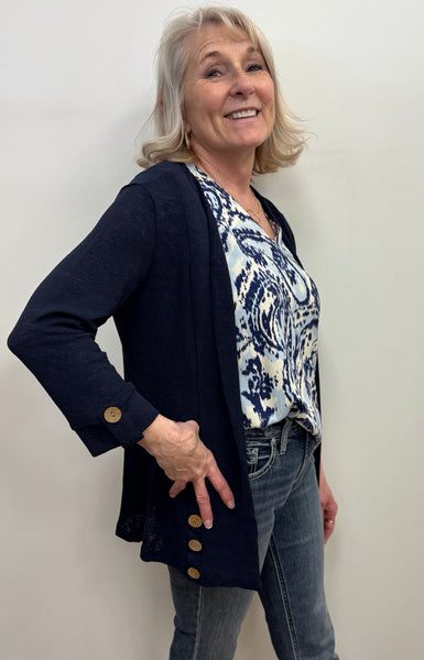 Anne Button Accent Open Cardigan (Navy)