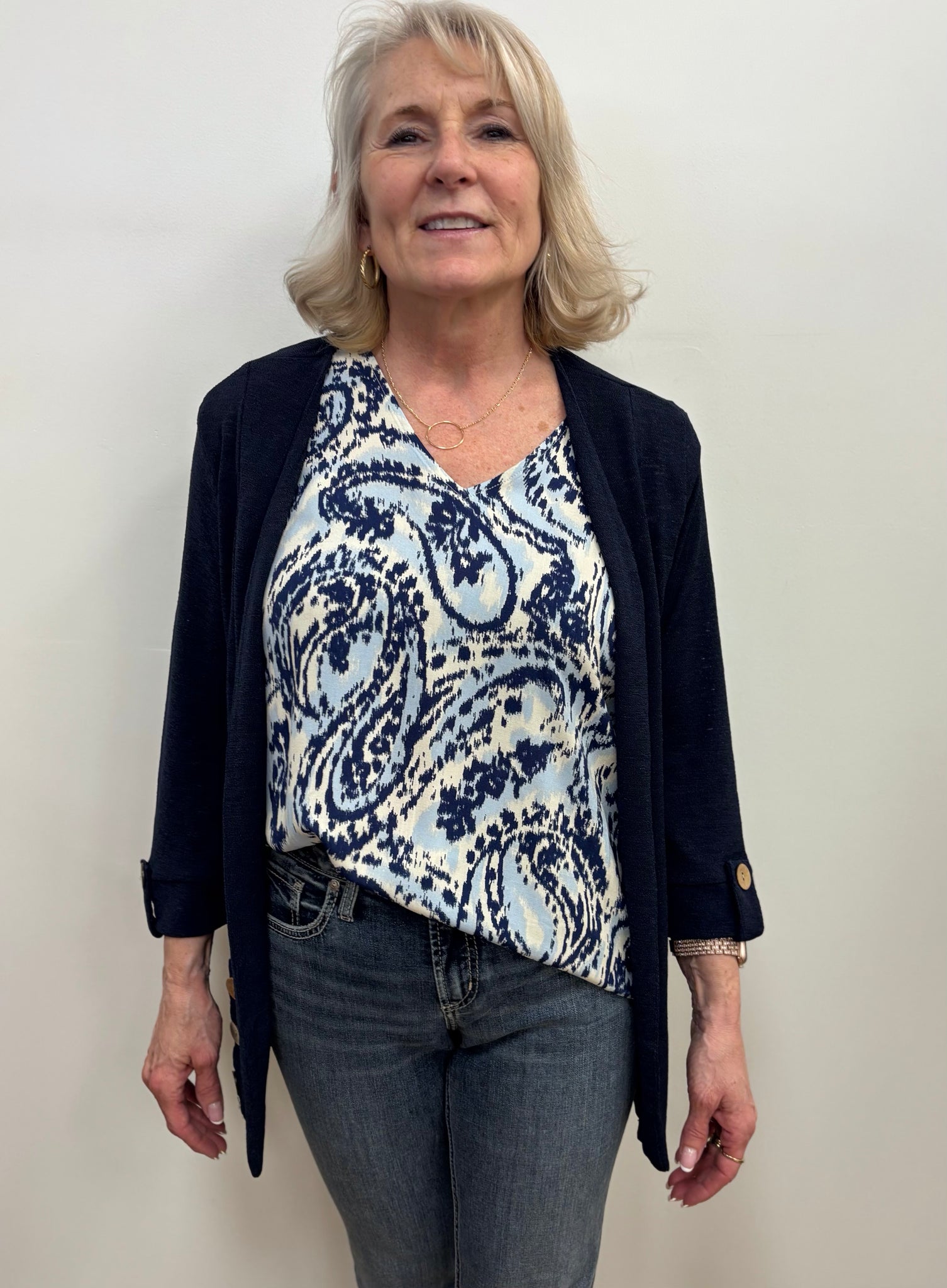 Anne Button Accent Open Cardigan (Navy)