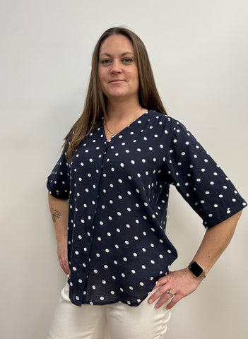 Bobbie Cotton Blend Polka Dot Blouse (Navy)