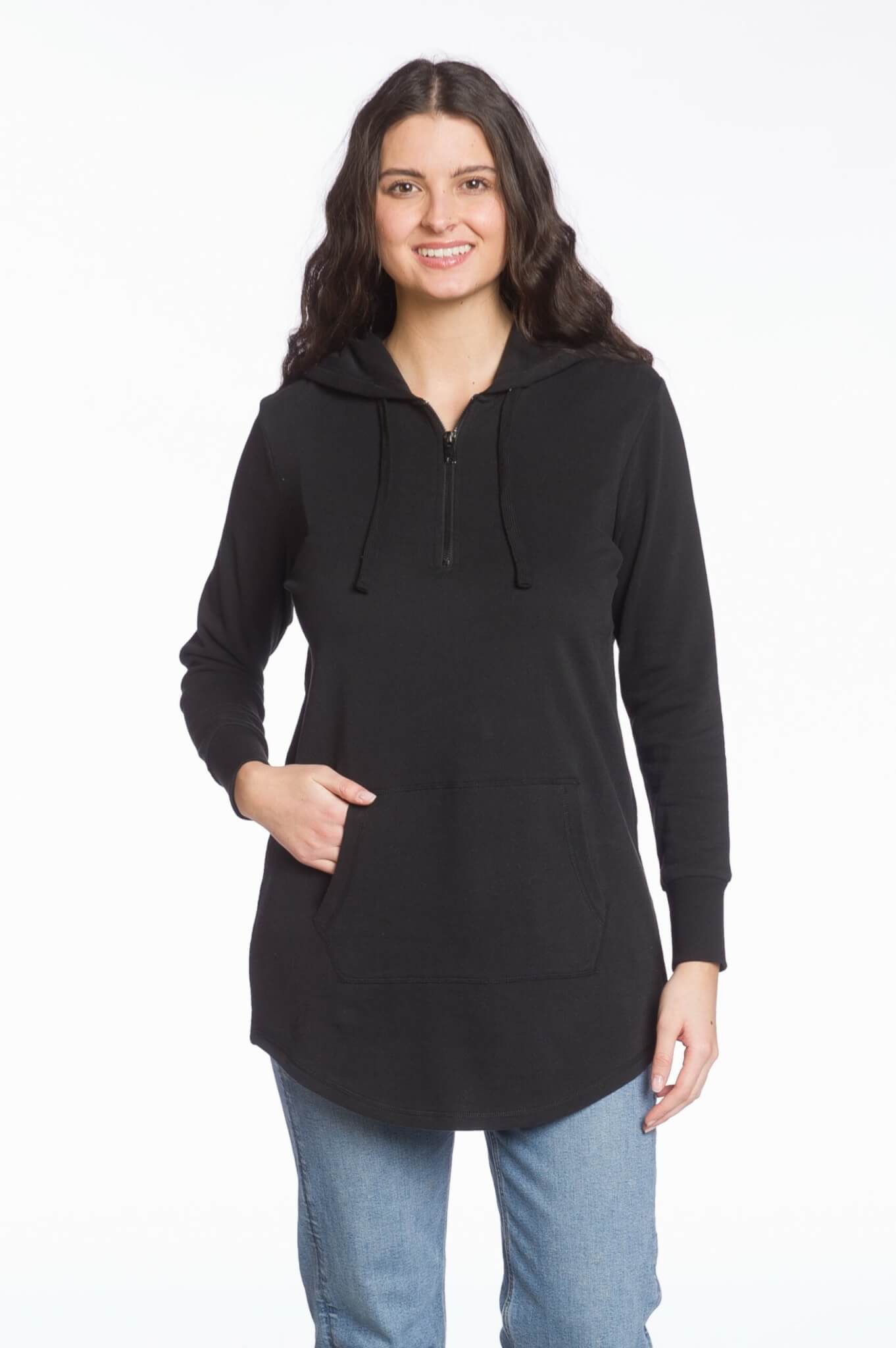 Naomi Zippered Long Hoodie (Black)