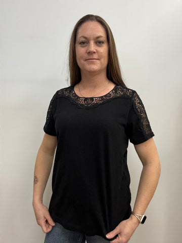 Zora Lace Accent Cotton Top (Black)