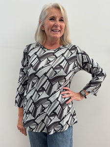 Laurie 3/4 Sleeve Knit Top (Grey Print)