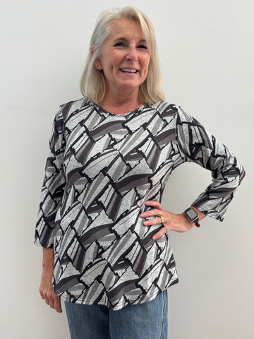 Laurie 3/4 Sleeve Knit Top (Grey Print)